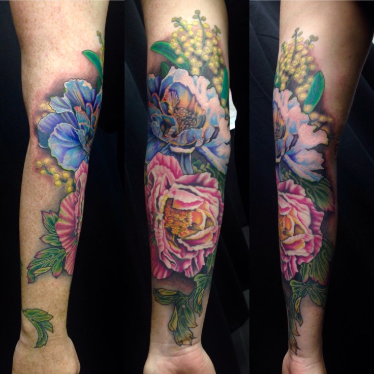 Sleeve of peonies and wattle flowers