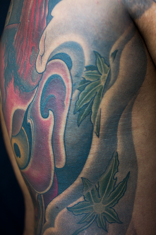 Detail of Hannya mask back tattoo