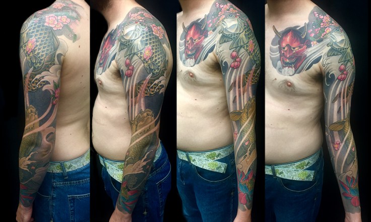Hannya mask chest plate and Sakura, Koi and Lotus sleeve