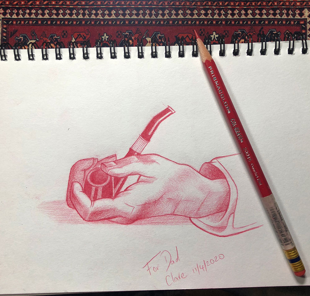 Pencil sketch of hand with pipe