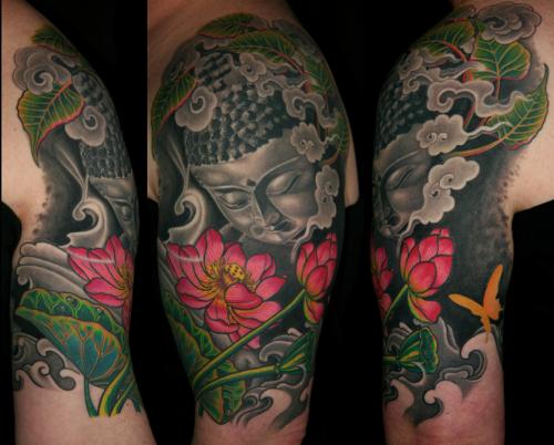 Buddha and lotus life cycle half sleeve tattoo