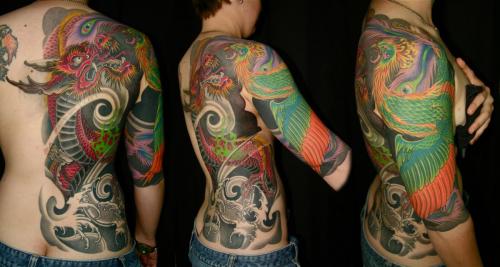 Dragon and phoenix half back and sleeve tattoo