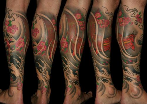 Back of custom Koi leg sleeve tattoo